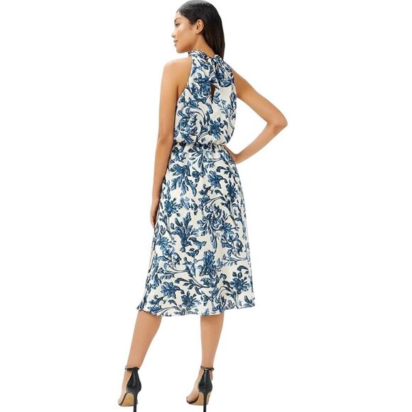 ADRIANNA PAPELL Halter Satin Midi Dress Blue Multi Womens Size 0 - Picture 2 of 9